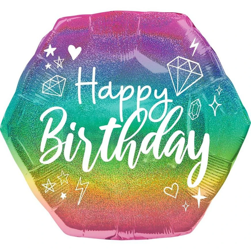 Prismatic Sparkle Happy Birthday Hexagonal Foil Balloon, 23in X 22in 3 Prismatic Sparkle Happy Birthday Hexagonal Foil Balloon, 23in X 22in