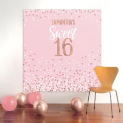Customizable Rose Gold Sweet Sixteen Birthday Plastic Scene Setter, 5.4ft X 5.4ft