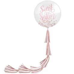 Rose Gold Sweet Sixteen Latex Confetti Balloon (24in) With Tail (5.25ft)