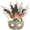 Adult Rainbow Rhinestone & Gold Feather Masquerade Mask -Party City 942820