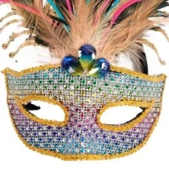 Adult Rainbow Rhinestone & Gold Feather Masquerade Mask -Party City 942820 02