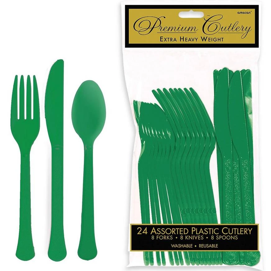 Festive Green Premium Plastic Cutlery Set 24ct 3 Festive Green Premium Plastic Cutlery Set 24ct