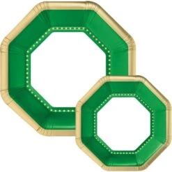 Octoganal Premium Paper Dinner (10.25in) & Dessert (7.5in) Plates With Festive Green & Gold Border, 20ct